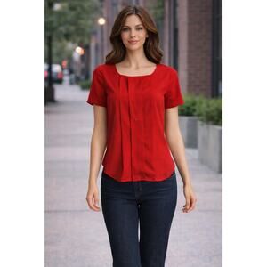 C & E Red Pleated Blouse XS Whimsigoth Romantic Grannycore Square Neck Top